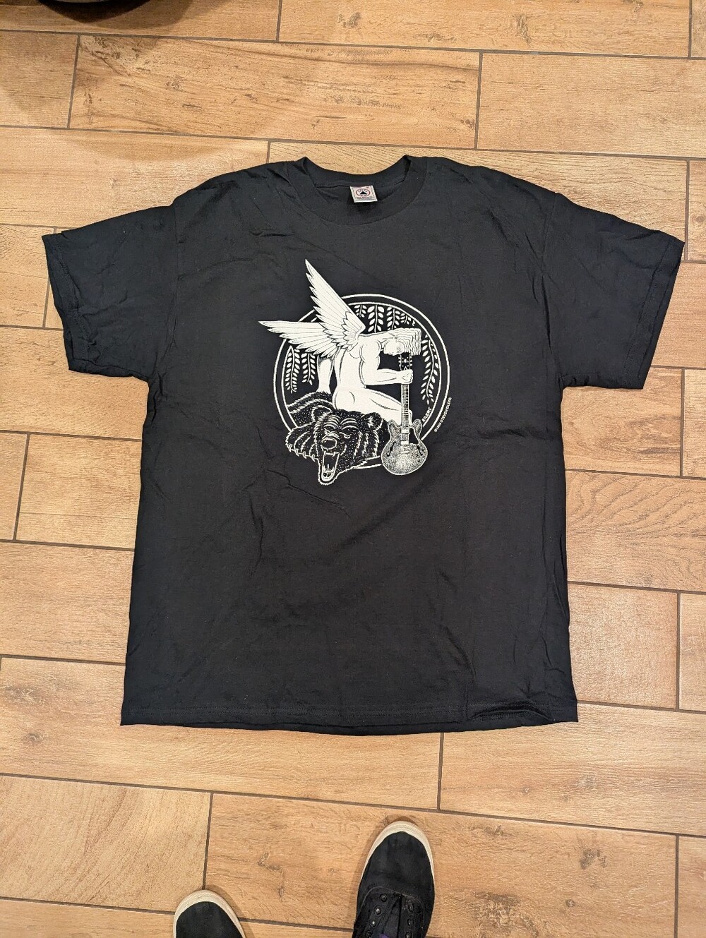 Vintage 1998 Steven Eilers Black T Shirt Men size XL guitar angel on bear